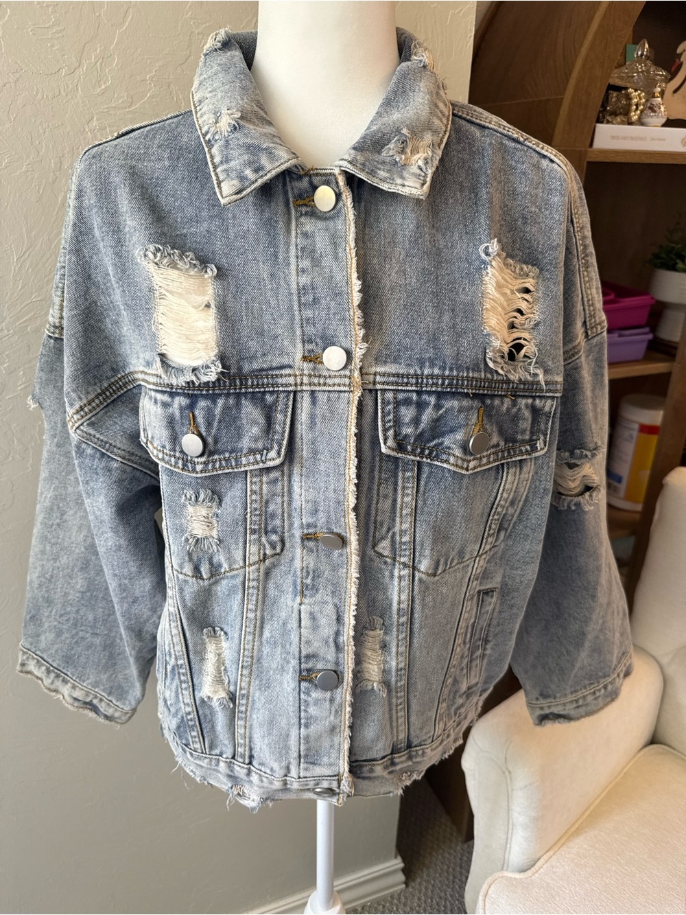 Blue B Distressed Oversized Denim Jacket Acid Wash Grunge Y2K Large